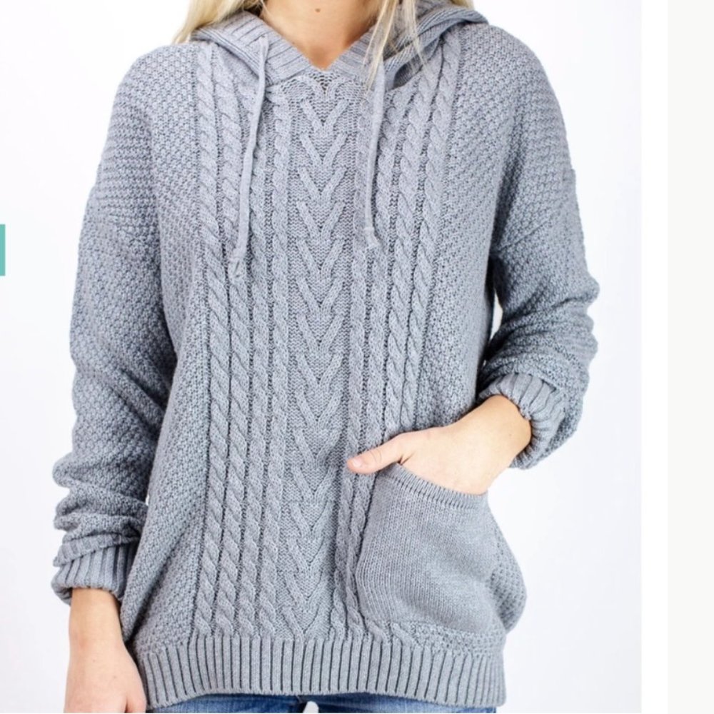 Jetty Barnegat Cable Knit Hoodie Sweater Gray Coastal Neutral Fisherman-M